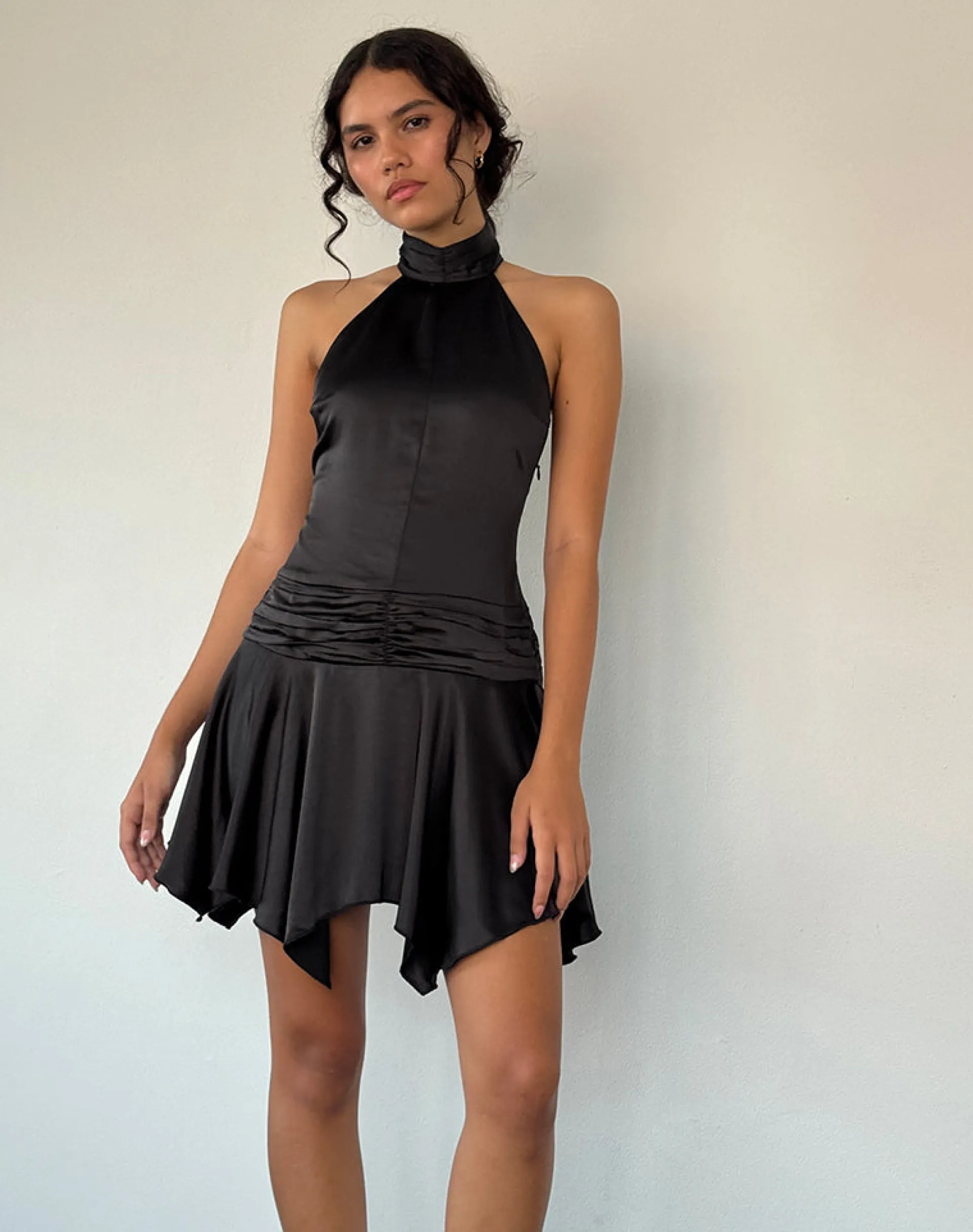 Motel Rocks Party Dresses | Mini Dresses-Hydri Satin Halterneck Mini Dress in Black
