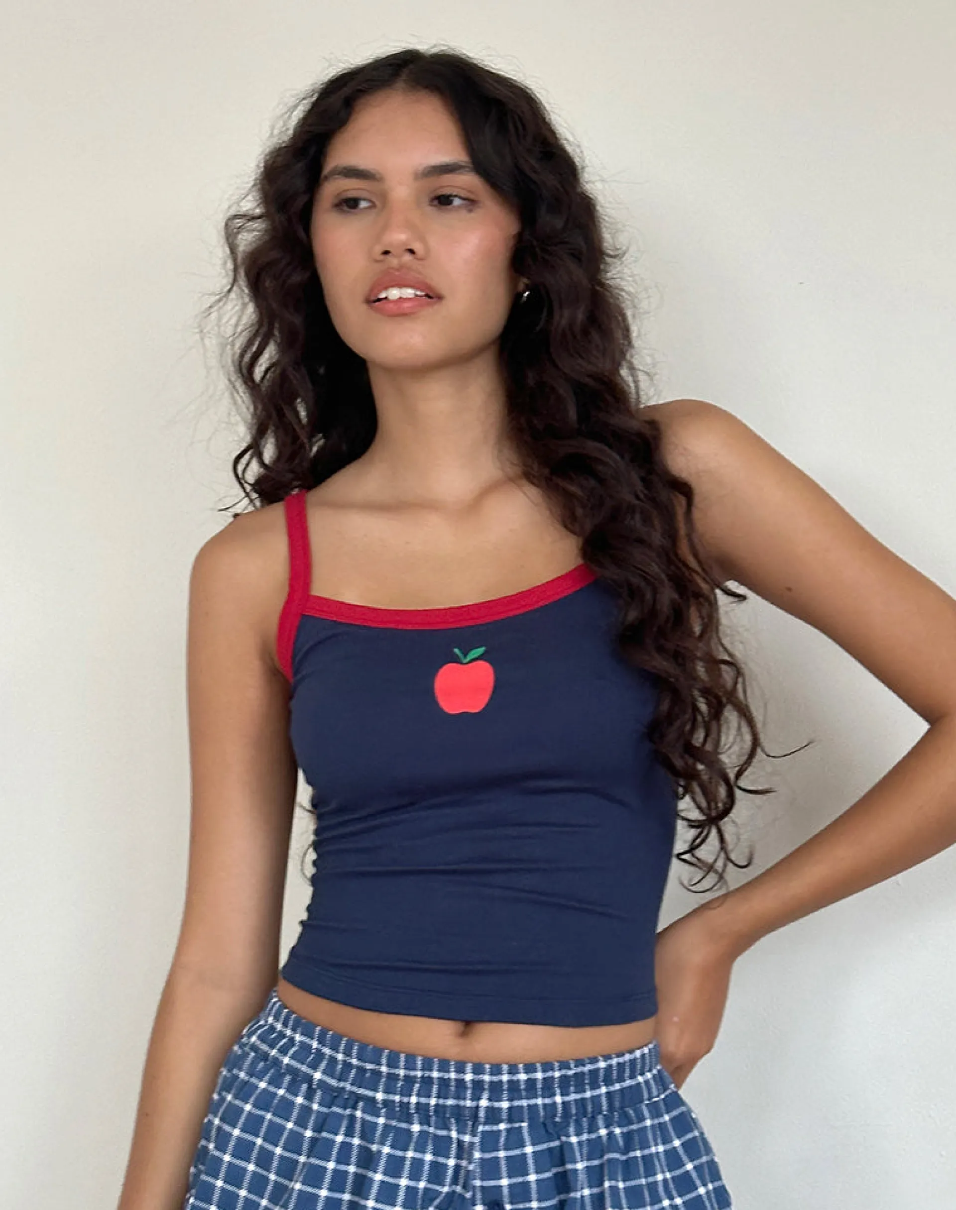 Motel Rocks Basic Tops | Vest Tops-Icah Pyjama Vest Top in Navy with Red Binding and Apple Motif NavywithRedBindingandAppleMotif