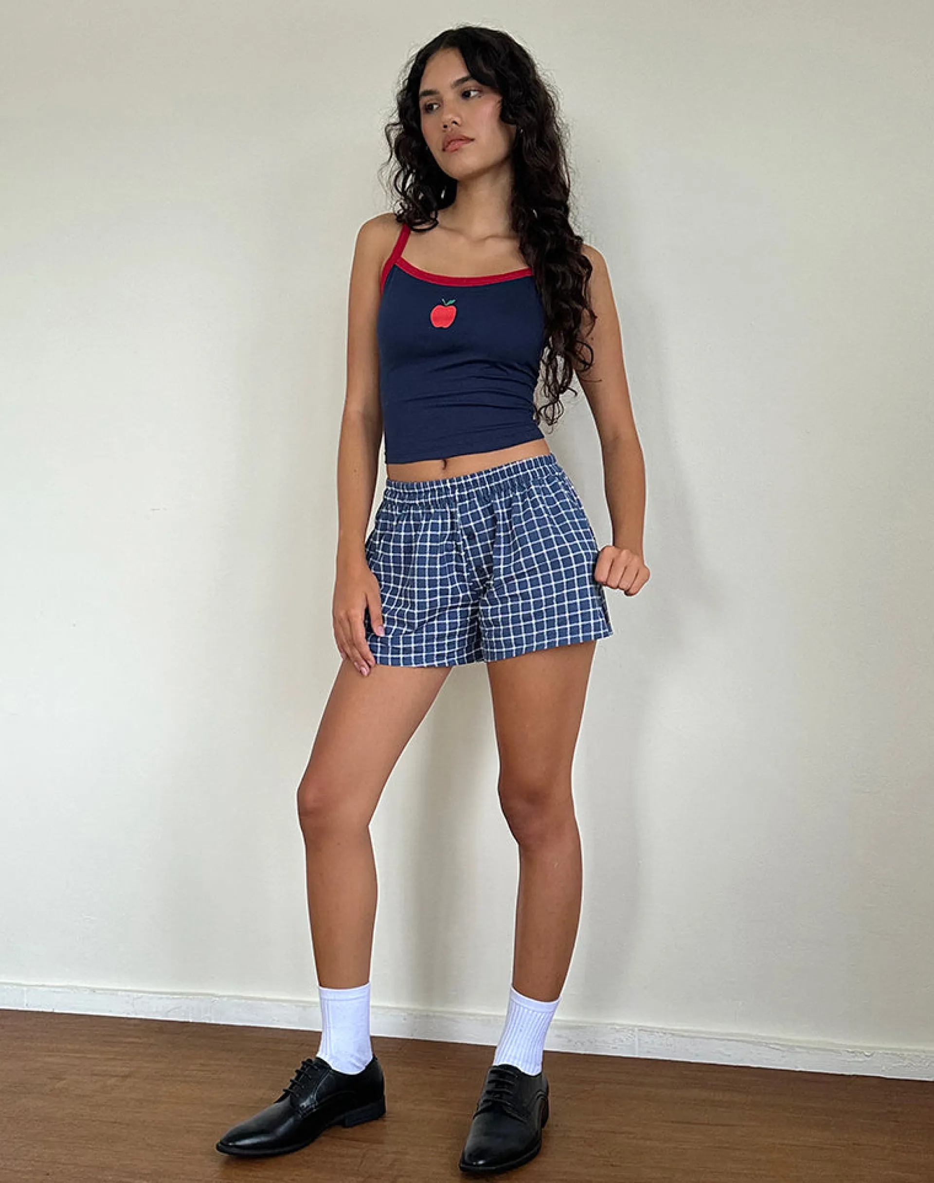 Motel Rocks Basic Tops | Vest Tops-Icah Pyjama Vest Top in Navy with Red Binding and Apple Motif NavywithRedBindingandAppleMotif
