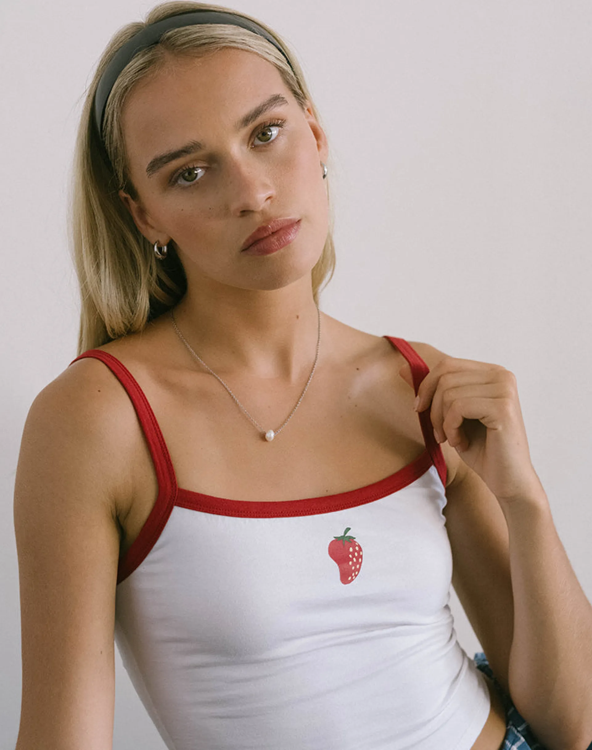 Motel Rocks Basic Tops | Vest Tops-Icah Vest Top in White with Red Binding and Strawberry WhitewithRedBindingandStrawberry