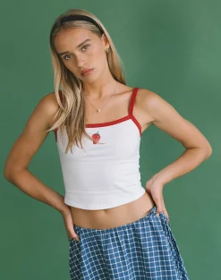 Motel Rocks Basic Tops | Vest Tops-Icah Vest Top in White with Red Binding and Strawberry WhitewithRedBindingandStrawberry