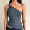 Motel Rocks Tailoring | Basic Tops-Idra Asymmetric Top in Ruched Jersey Ocean Storm