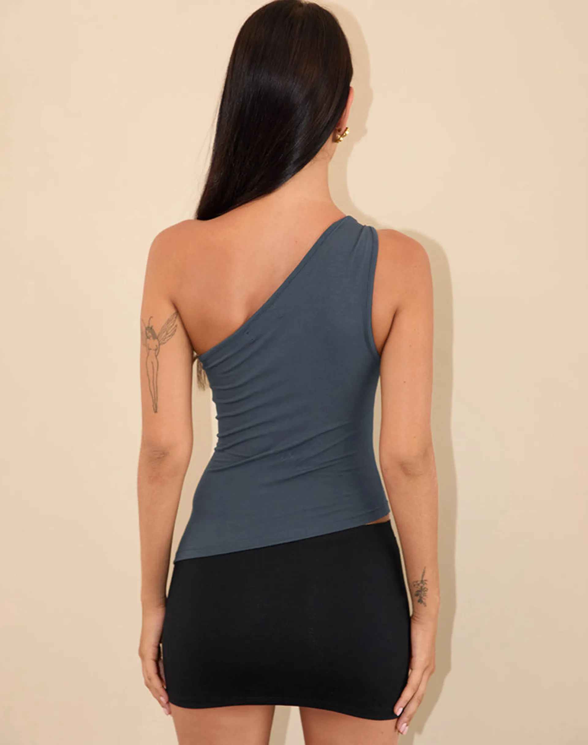 Motel Rocks Tailoring | Basic Tops-Idra Asymmetric Top in Ruched Jersey Ocean Storm