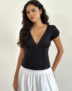 Motel Rocks Shirts And Blouses | Corset Tops-Ilias Corset Top in Poplin Black PoplinBlack