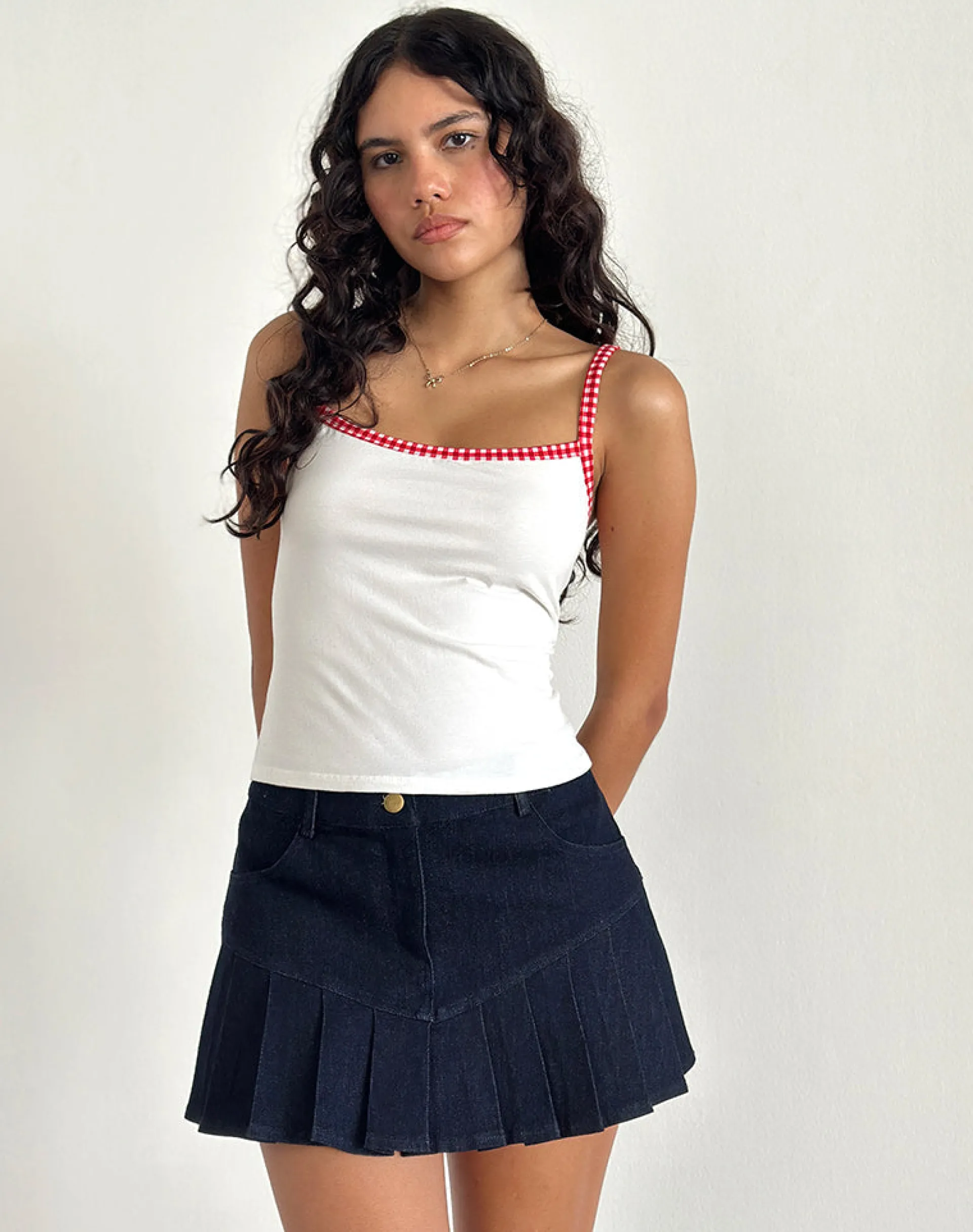 Motel Rocks Basic Tops | Strappy Tops-Ilisna Top in Off White with Red Gingham Binding OffWhitewithRedGinghamBinding