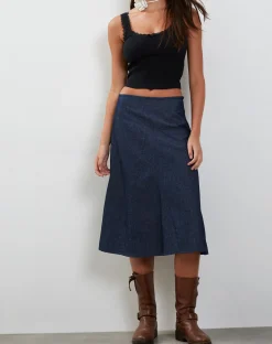 Motel Rocks Denim Skirts-Imbrella Denim Midi Skirt in Dark Indigo