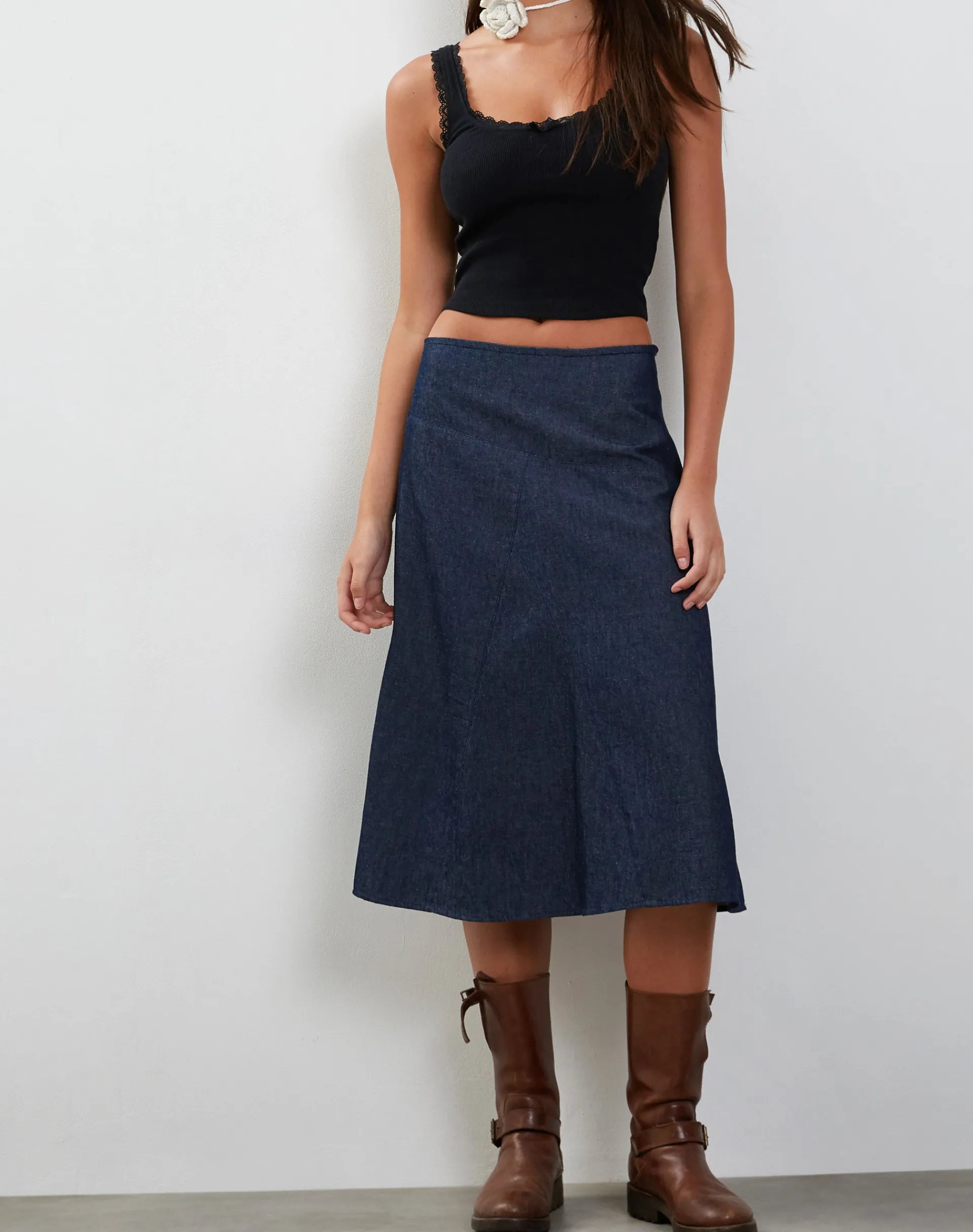 Motel Rocks Denim Skirts-Imbrella Denim Midi Skirt in Dark Indigo