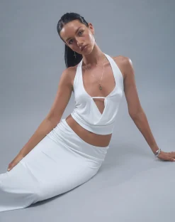 Motel Rocks Halterneck Tops-Inda Plunge Top in Jersey Ivory