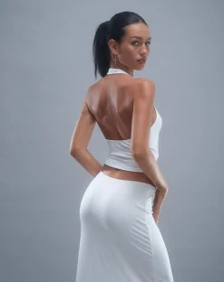 Motel Rocks Halterneck Tops-Inda Plunge Top in Jersey Ivory