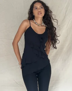 Motel Rocks Strappy Tops-Irama Asymmetric Ruffle Top in Black