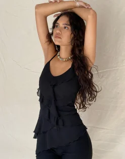Motel Rocks Strappy Tops-Irama Asymmetric Ruffle Top in Black