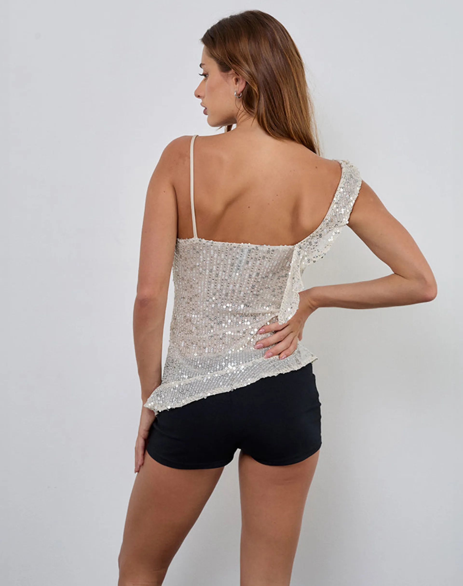 Motel Rocks Strappy Tops | Sequin Tops-Iranila Asymmetrical Top in Gauzy Sequin Neutral