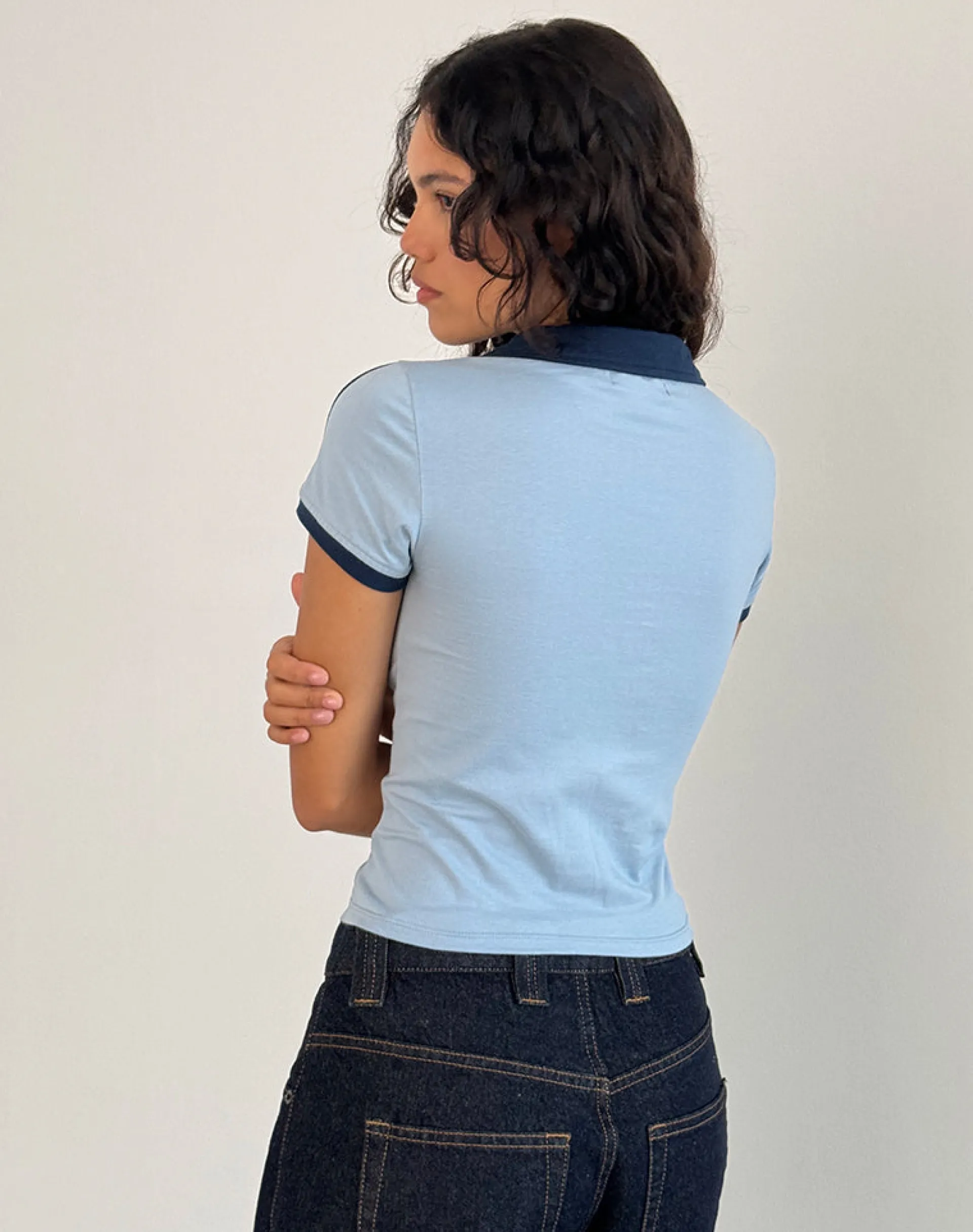 Motel Rocks Tees-Isda Top in Nantucket Blue with Navy Binding and M Embroidery NantucketBluewithNavyBindingandMEmbroidery