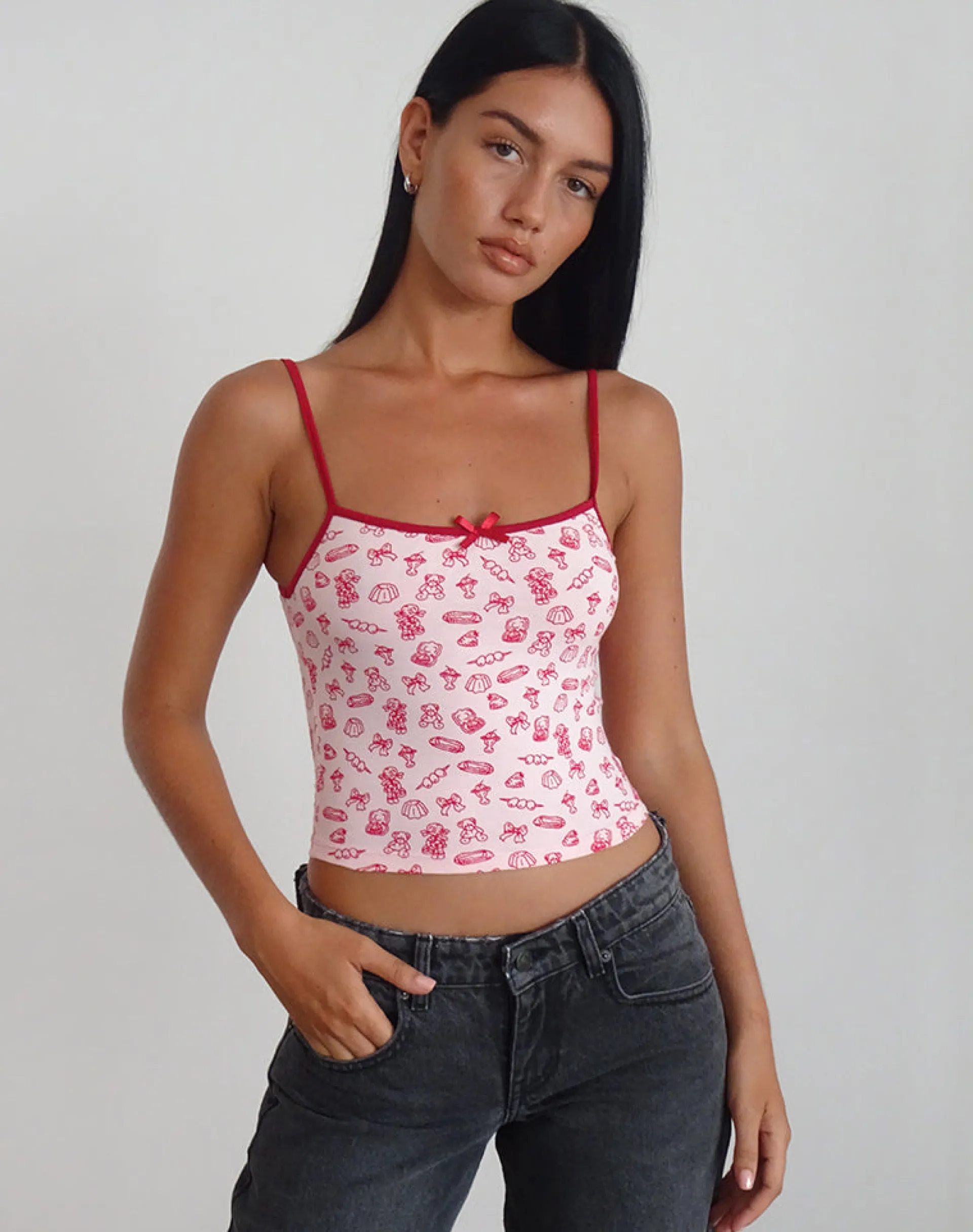 Motel Rocks Printed Tops | Strappy Tops-Isna Cami Top in Girlie Print with Red Binding GirliePrintwithRedBinding