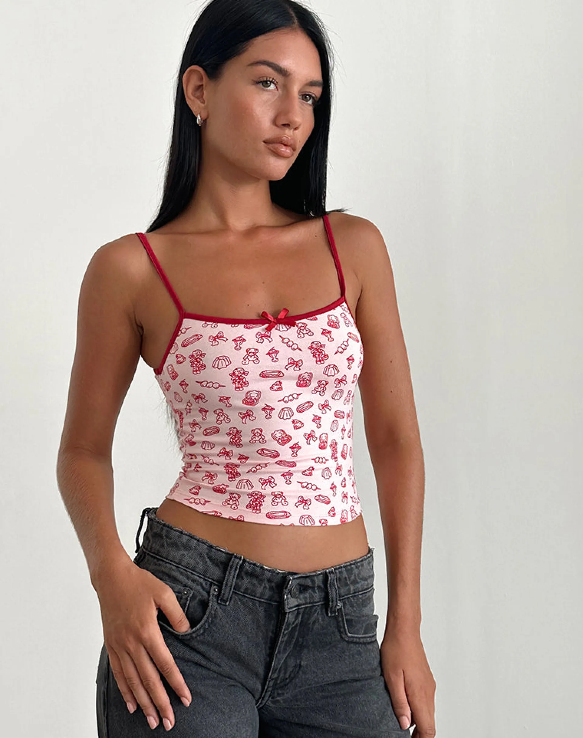 Motel Rocks Printed Tops | Strappy Tops-Isna Cami Top in Girlie Print with Red Binding GirliePrintwithRedBinding