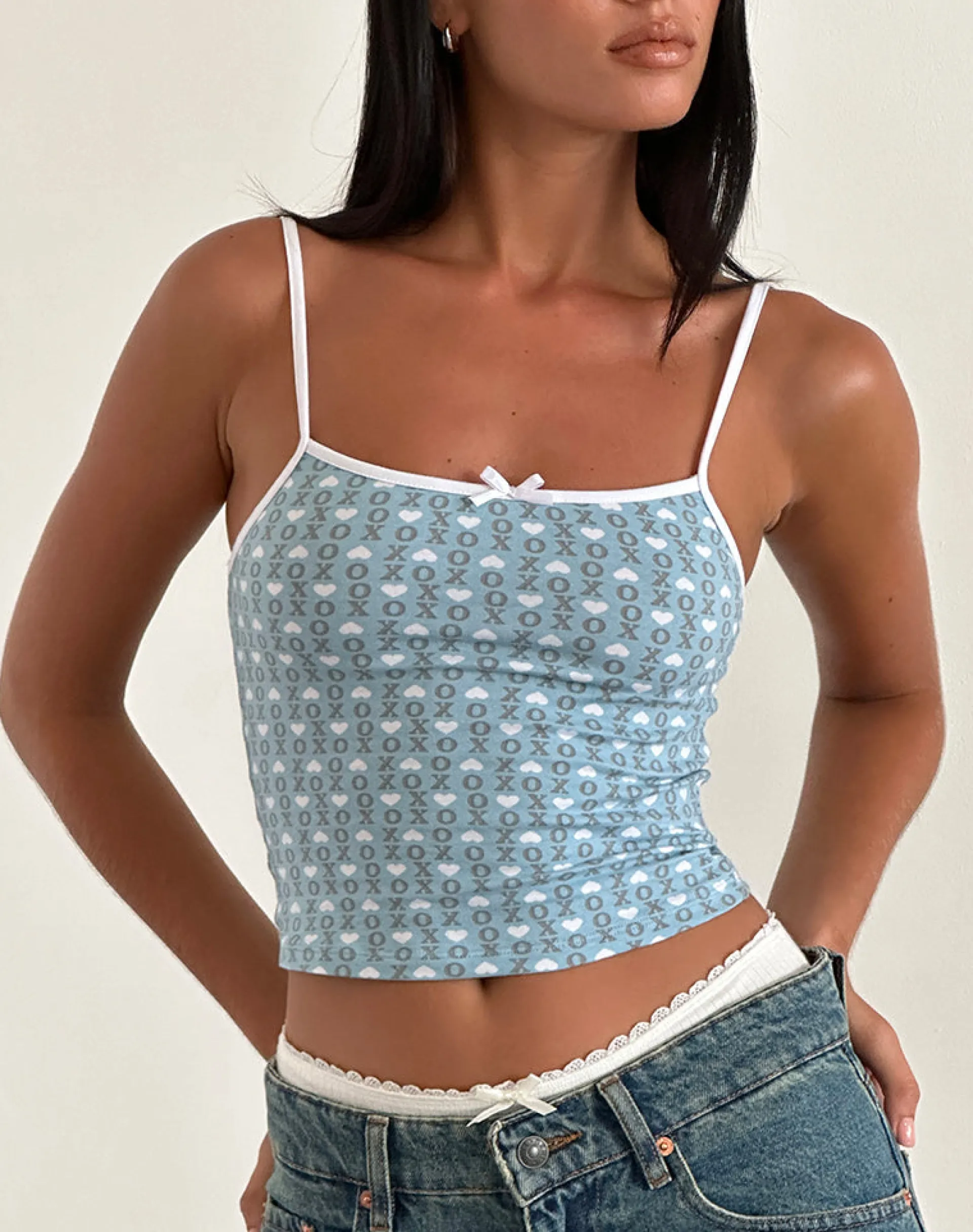 Motel Rocks Printed Tops | Strappy Tops-Isna Cami Top in Powder Blue XO Heart Print PowderBluewithXOHeart