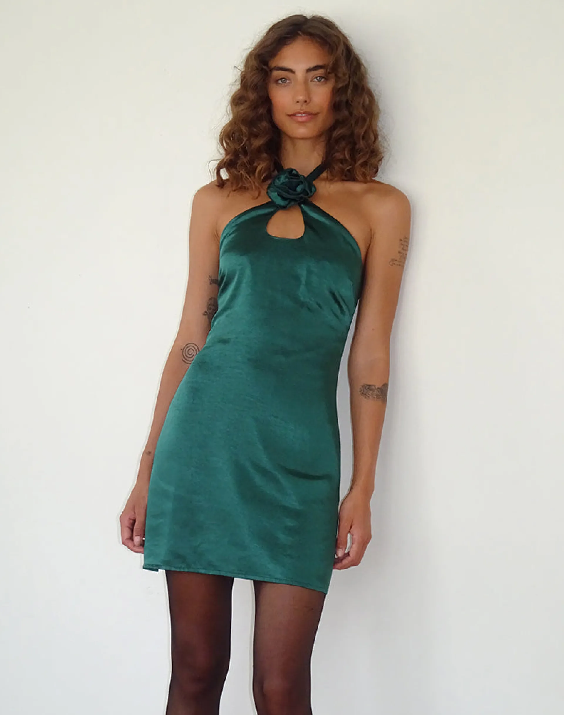 Motel Rocks Bodycon Dresses | Party Dresses-Isolda Satin Halterneck Mini Dress in Forest Green with Rosette ForestGreenwithRosette