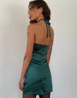 Motel Rocks Bodycon Dresses | Party Dresses-Isolda Satin Halterneck Mini Dress in Forest Green with Rosette ForestGreenwithRosette