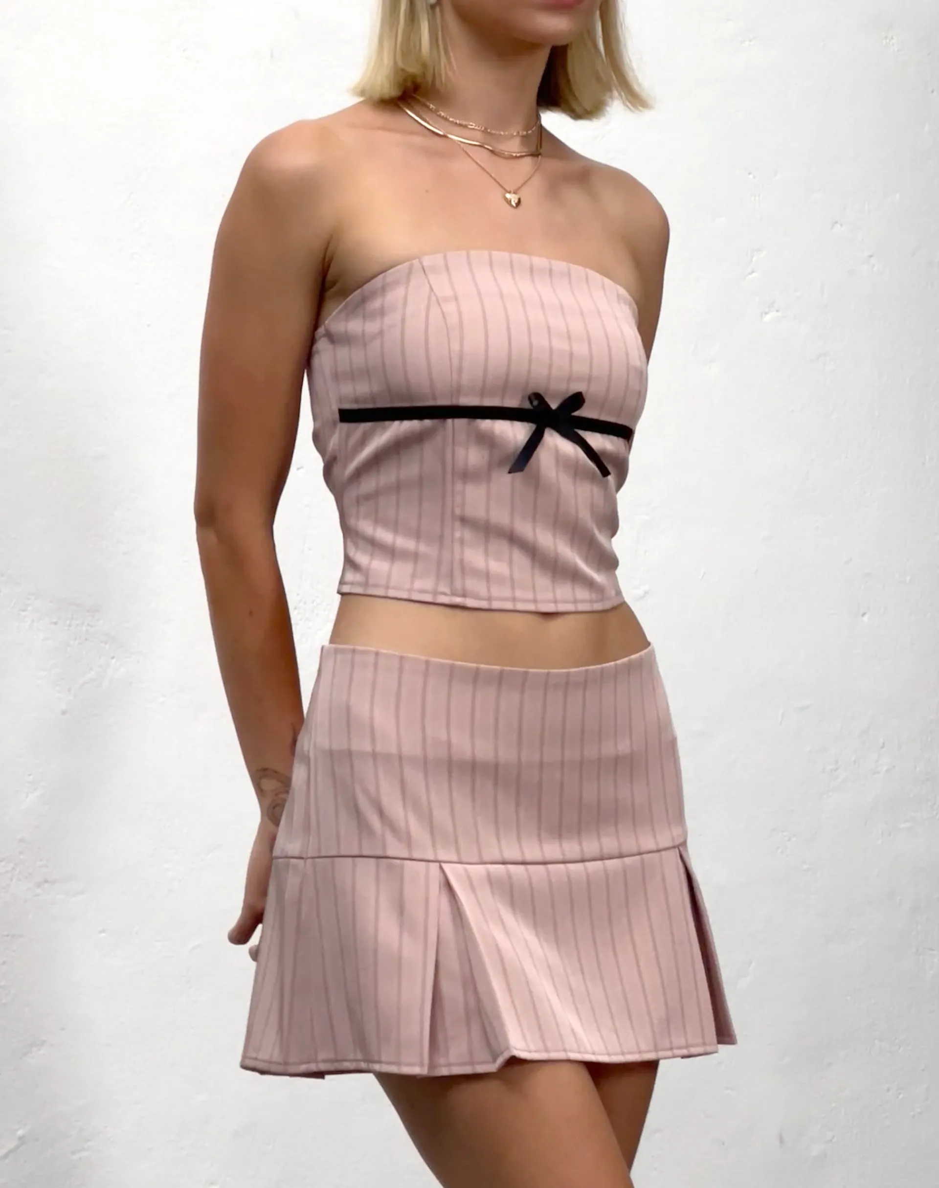 Motel Rocks Pleated Skirts | Mini Skirts-Istaka Mini Pleated Skirt in Tailoring Blush Pinstripe TailoringBlushPinstripe