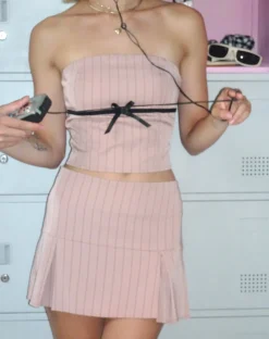 Motel Rocks Pleated Skirts | Mini Skirts-Istaka Mini Pleated Skirt in Tailoring Blush Pinstripe TailoringBlushPinstripe