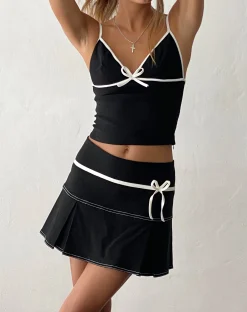 Motel Rocks A Line Skirts | Mini Skirts-Istari Bow Detail Mini Skirt in with White Binding black