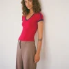Motel Rocks Basics | Basic Tops-Izolde Baby Tee in Adrenalin Red with Navy Binding and M Embroidery AdrenalinRedwithNavyBindingandMEmbroidery