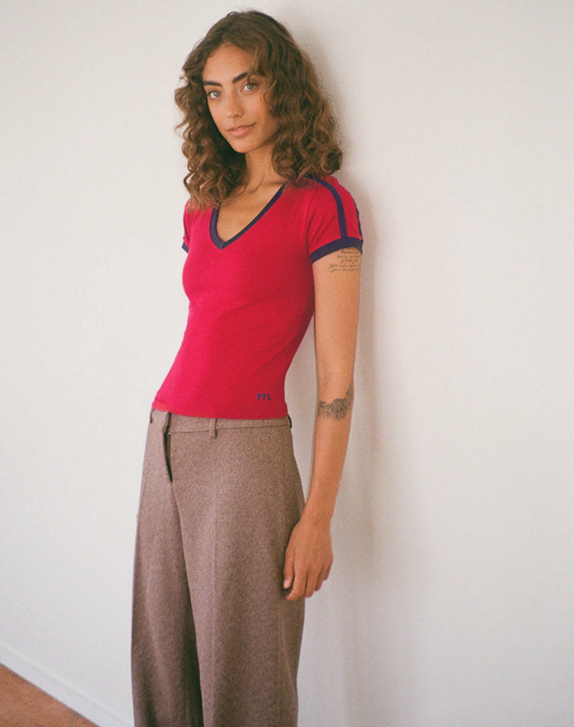 Motel Rocks Basics | Basic Tops-Izolde Baby Tee in Adrenalin Red with Navy Binding and M Embroidery AdrenalinRedwithNavyBindingandMEmbroidery