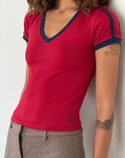 Motel Rocks Basics | Basic Tops-Izolde Baby Tee in Adrenalin Red with Navy Binding and M Embroidery AdrenalinRedwithNavyBindingandMEmbroidery