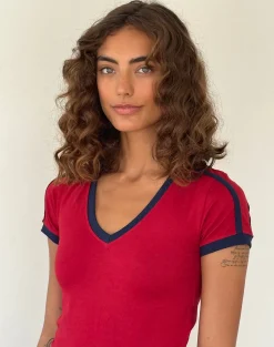 Motel Rocks Basics | Basic Tops-Izolde Baby Tee in Adrenalin Red with Navy Binding and M Embroidery AdrenalinRedwithNavyBindingandMEmbroidery
