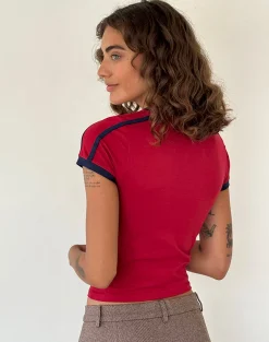 Motel Rocks Basics | Basic Tops-Izolde Baby Tee in Adrenalin Red with Navy Binding and M Embroidery AdrenalinRedwithNavyBindingandMEmbroidery