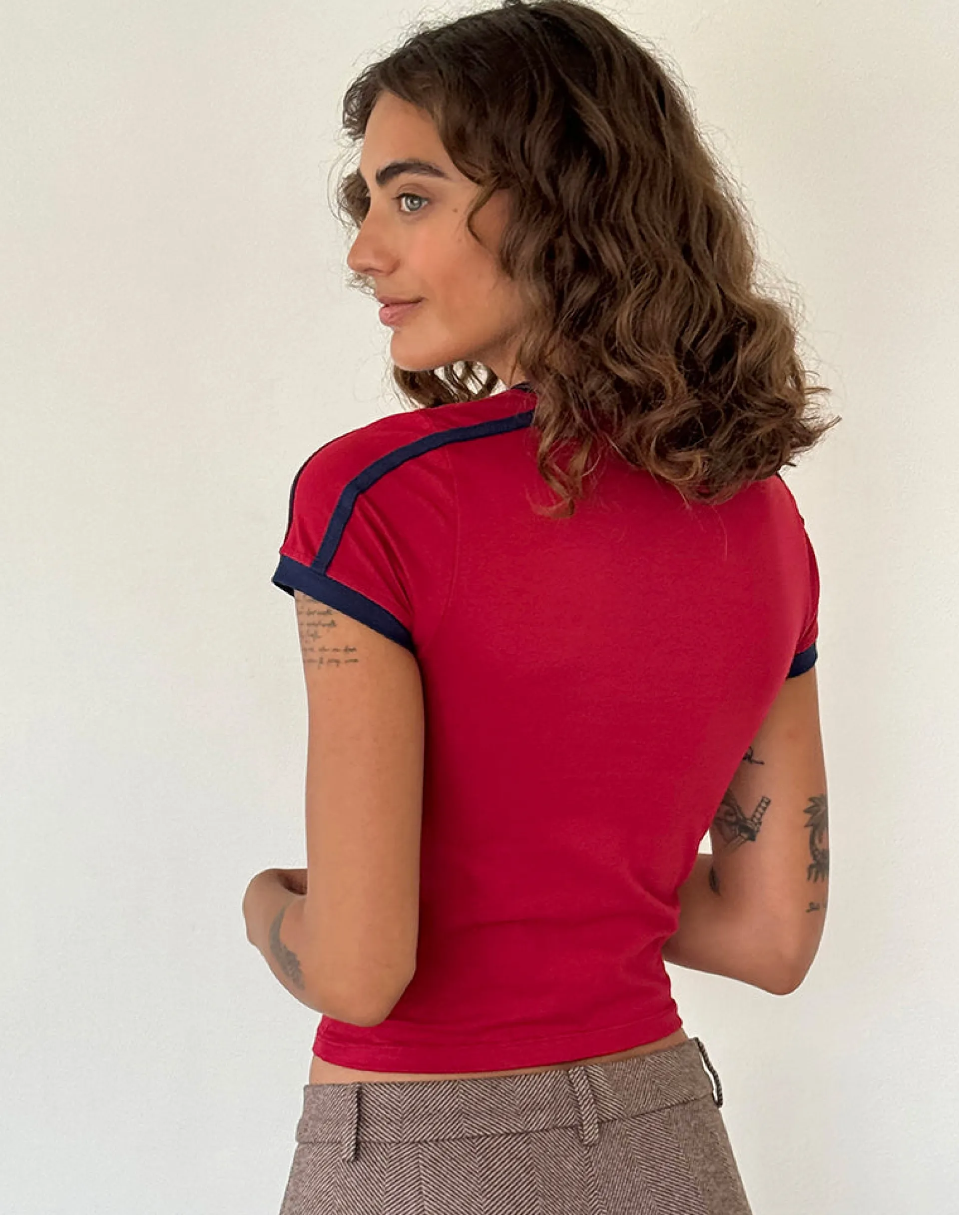 Motel Rocks Basics | Basic Tops-Izolde Baby Tee in Adrenalin Red with Navy Binding and M Embroidery AdrenalinRedwithNavyBindingandMEmbroidery