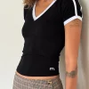 Motel Rocks Basics | Basic Tops-Izolde Baby Tee in Black with White Binding and M Embroidery BlackwithWhiteBindingandMEmbroidery