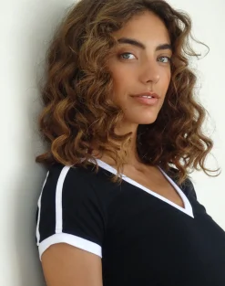 Motel Rocks Basics | Basic Tops-Izolde Baby Tee in Black with White Binding and M Embroidery BlackwithWhiteBindingandMEmbroidery
