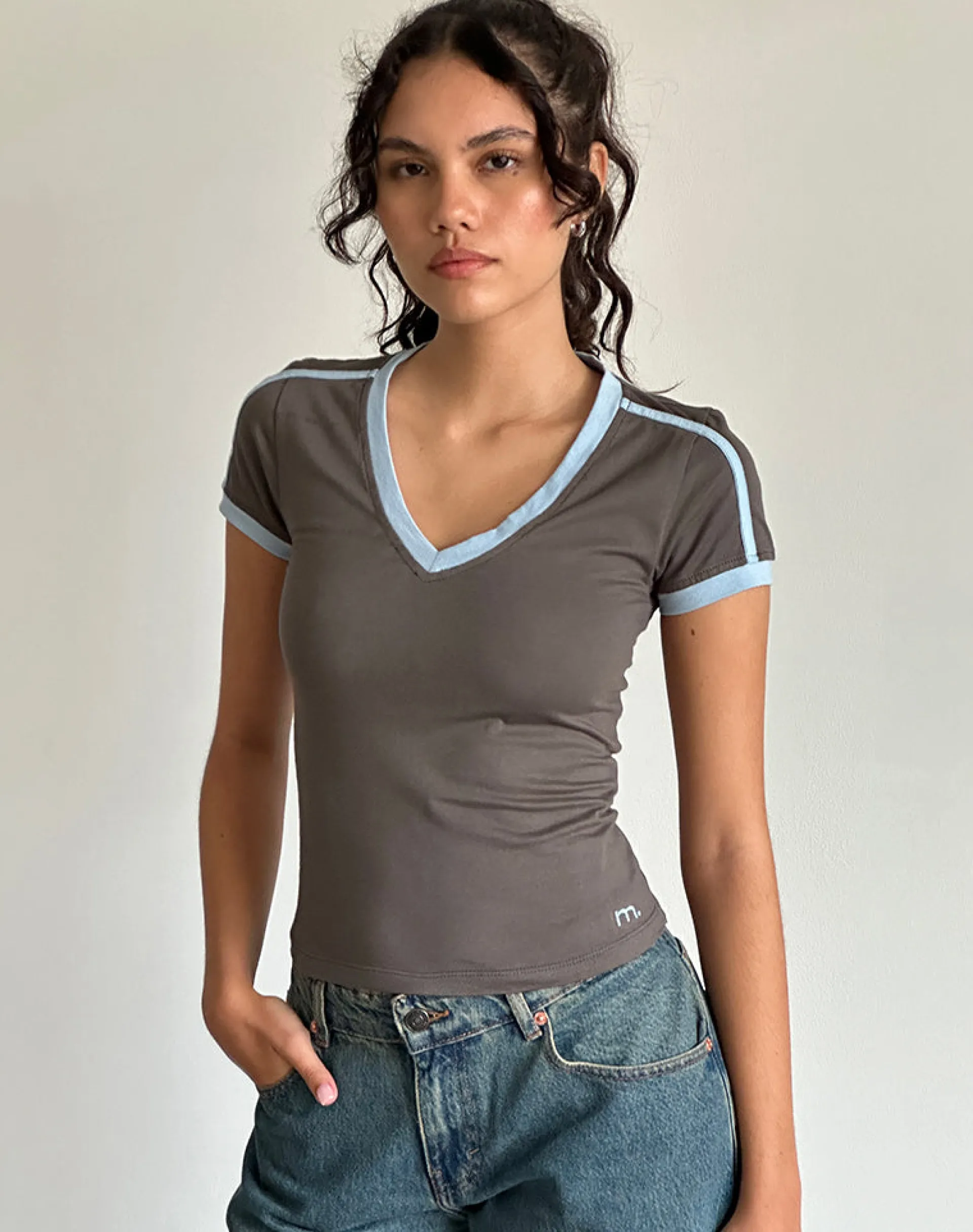 Motel Rocks Basics | Basic Tops-Izolde Baby Tee in Cloudburst with Nantucket Blue Binding and M Embroidery CloudburstwithNantucketBlueBindingandMEmbroidery