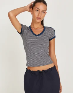 Motel Rocks Tees-Izolde Baby Tee in Grey Navy Sporty Micro Spot GreyNavySportyMicroSpot