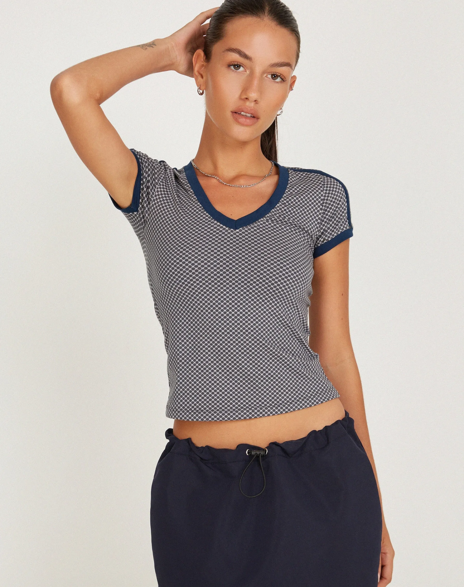 Motel Rocks Tees-Izolde Baby Tee in Grey Navy Sporty Micro Spot GreyNavySportyMicroSpot