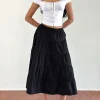 Motel Rocks Co-Ords | Midi Skirts-Izumi Tiered Midi Skirt in Poplin Black PoplinBlack