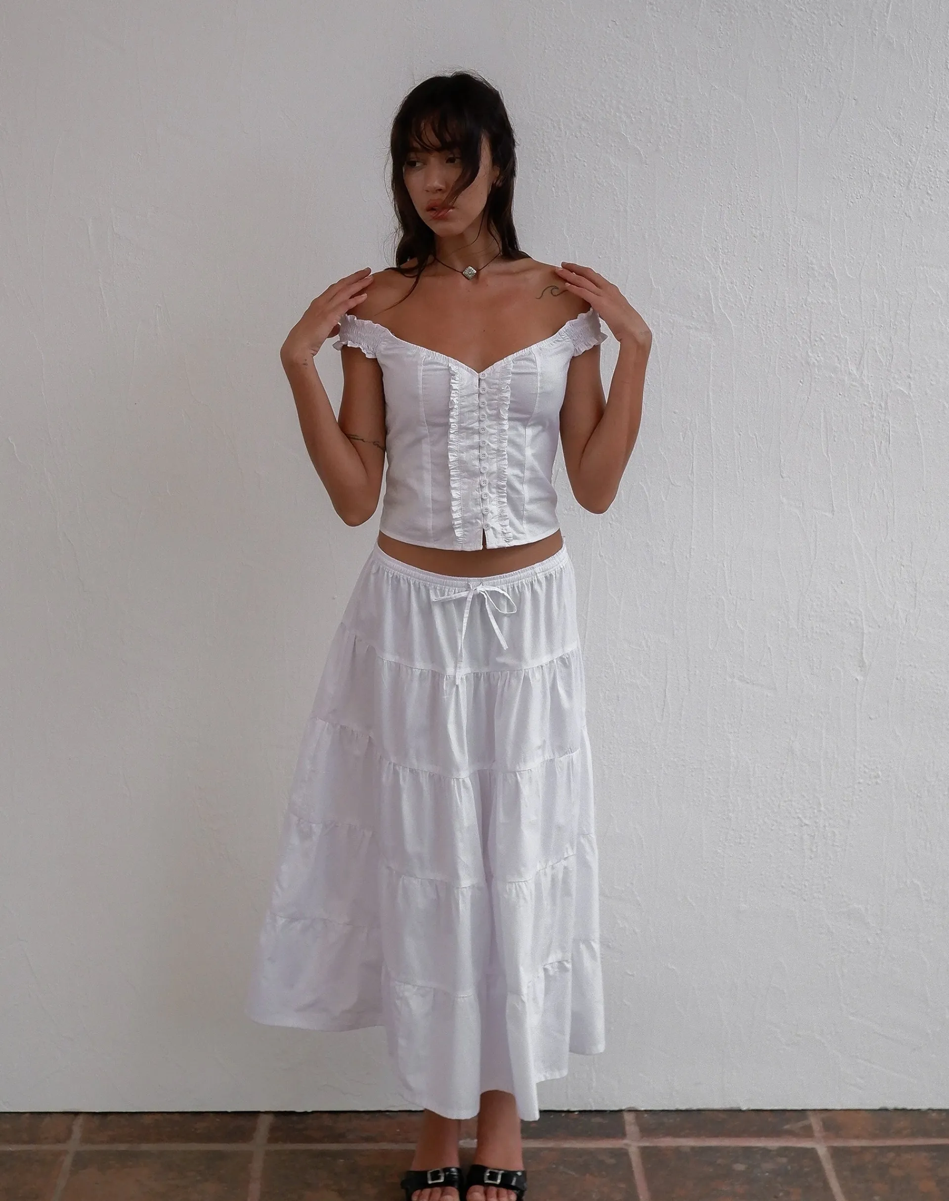 Motel Rocks Midi Skirts-Izumi Tiered Midi Skirt in Poplin White PoplinWhite