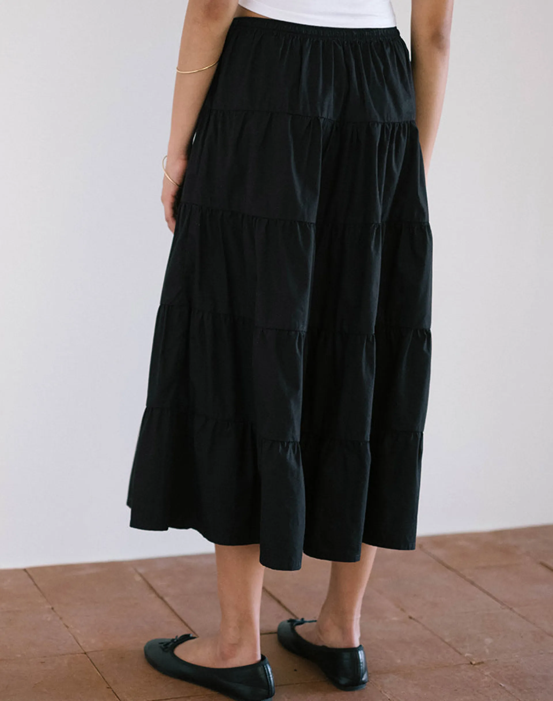 Motel Rocks Co-Ords | Midi Skirts-Izumi Tiered Midi Skirt in Poplin Black PoplinBlack