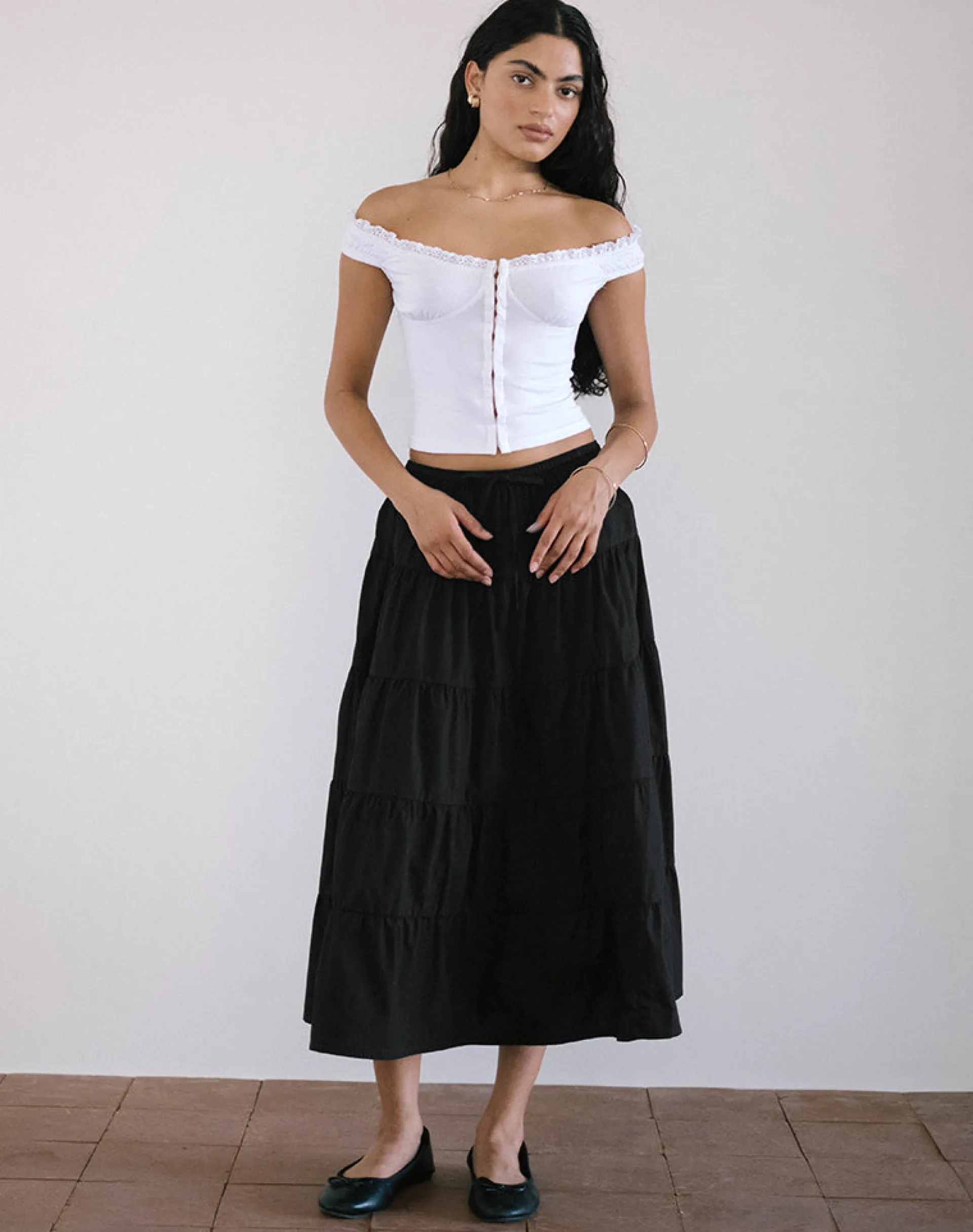 Motel Rocks Co-Ords | Midi Skirts-Izumi Tiered Midi Skirt in Poplin Black PoplinBlack