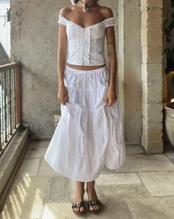 Motel Rocks Midi Skirts-Izumi Tiered Midi Skirt in Poplin White PoplinWhite