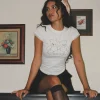 Motel Rocks Printed Tops | Tees-Izzy Lace Trim Baby Tee in White Teddy Motif WhiteTeddyMotif