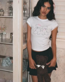 Motel Rocks Printed Tops | Tees-Izzy Lace Trim Baby Tee in White Teddy Motif WhiteTeddyMotif