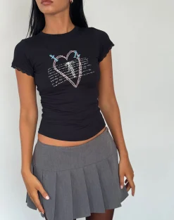 Motel Rocks Basic Tops | Printed Tops-Izzy Lace Trim Tee in Black Lace Up Heart Motif BlackLaceUpHeartMotif