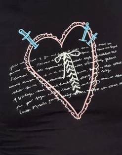 Motel Rocks Basic Tops | Printed Tops-Izzy Lace Trim Tee in Black Lace Up Heart Motif BlackLaceUpHeartMotif