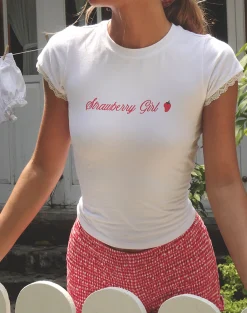 Motel Rocks Basic Tops | Printed Tops-Izzy Top in White Strawberry Girl Script WhiteStrawberryGirlScript