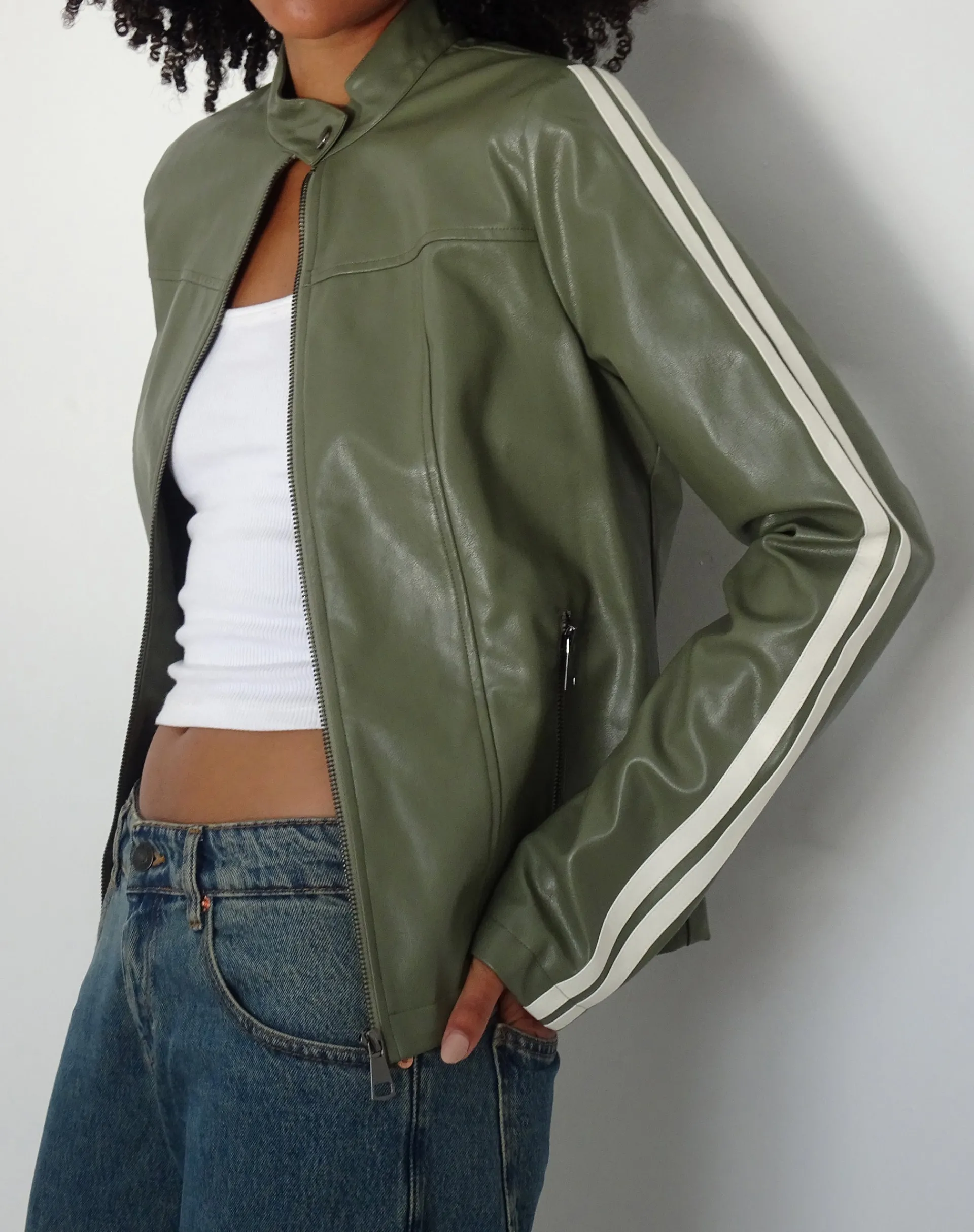 Motel Rocks Pu Jackets-Jacquie Zip Up Biker Jacket in PU Green with Ivory Stripe PUGreen