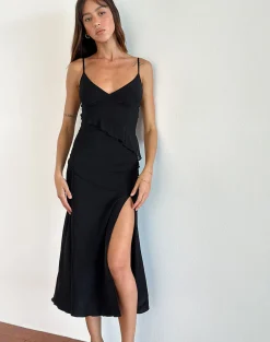 Motel Rocks Midi Dresses-Jacy Ruffle Midi Dress in Mesh Black