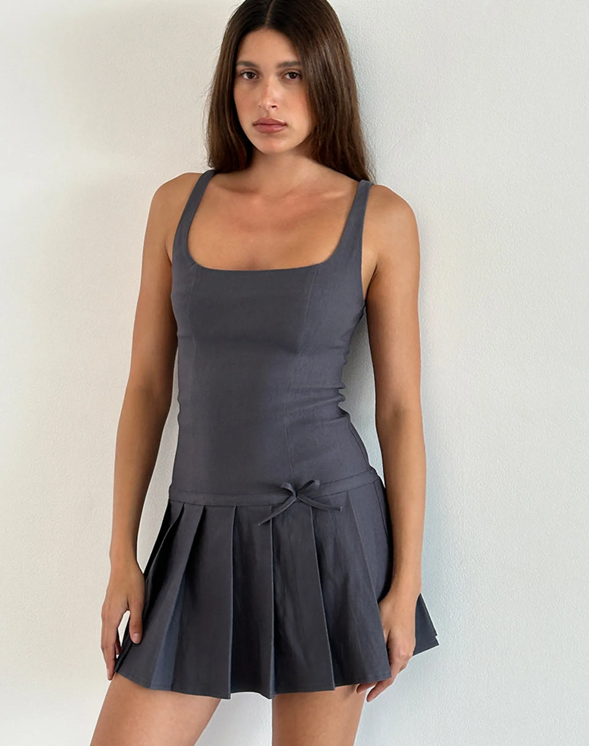 Motel Rocks Tailoring | Party Dresses-Jadzia Drop Waist Mini Dress in Charcoal Grey charcoalgrey