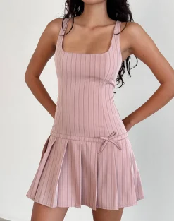 Motel Rocks Printed Dresses | Day Dresses-Jadzia Drop Waist Mini Dress in Blush Pinstripe BlushPinstripe